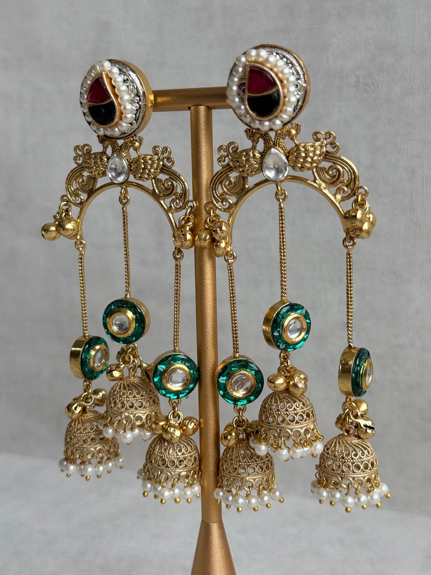 Ayura Designs Arzina Earrings – Triple Jhumki Earrings with Emerald Green Stones, Pearl Borders & Gold Detailing
