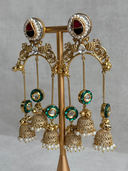 Ayura Designs Arzina Earrings – Triple Jhumki Earrings with Emerald Green Stones, Pearl Borders & Gold Detailing