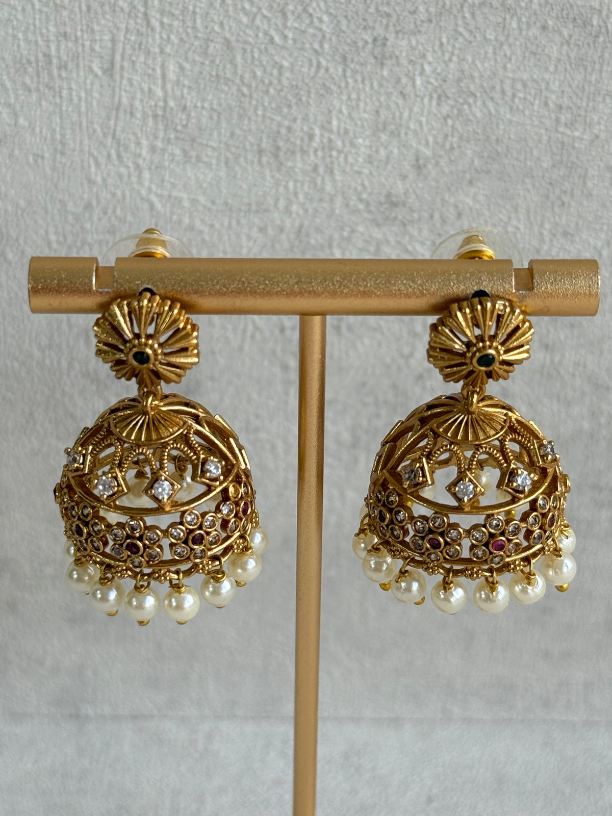 Ayura Designs Parul Jhumkis – Antique Gold with Multicolour Stones & Pearl Drops