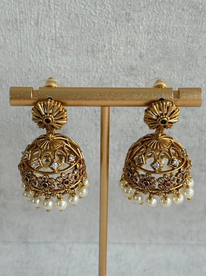 Ayura Designs Parul Jhumkis – Antique Gold with Multicolour Stones & Pearl Drops