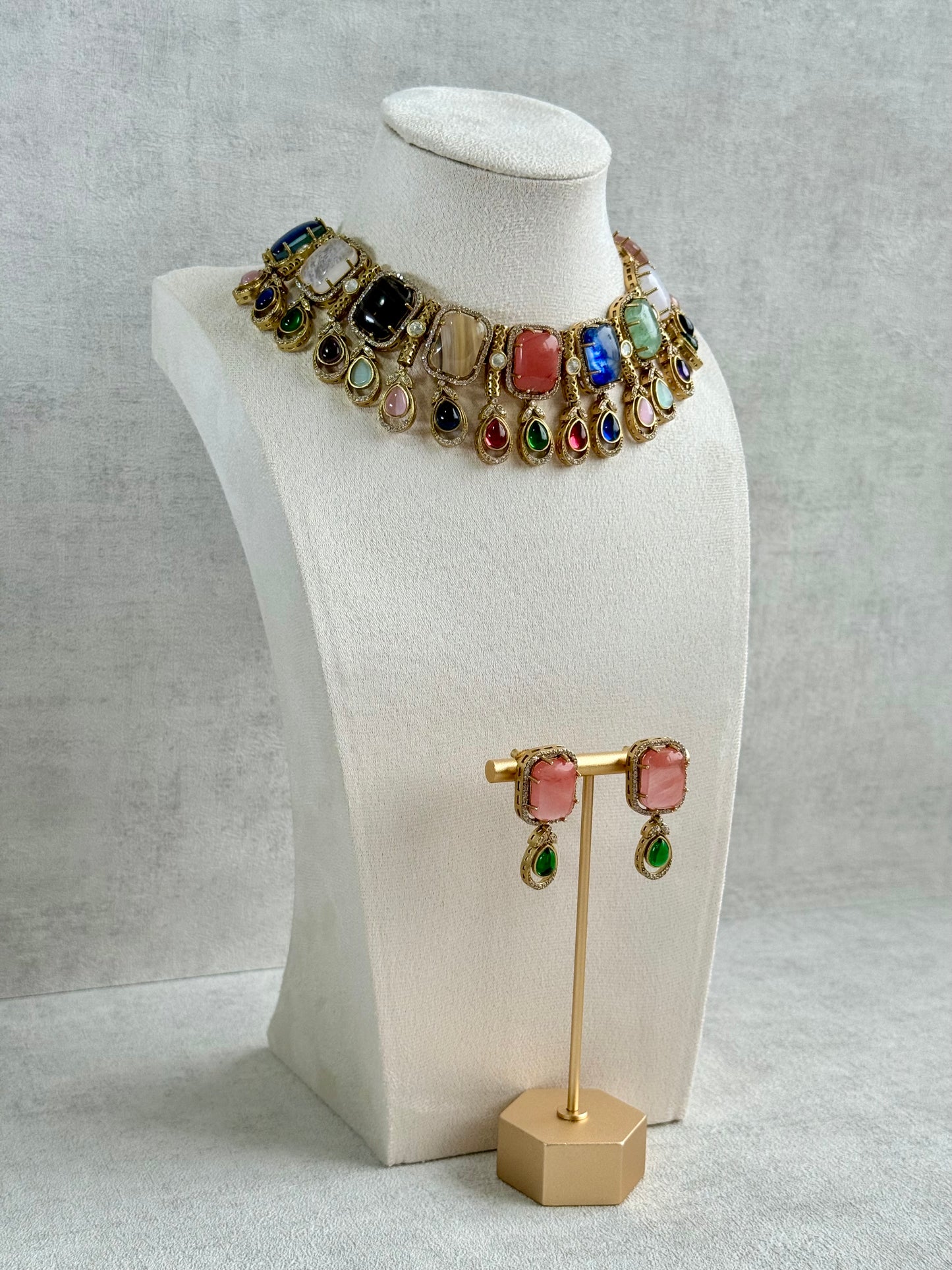 Ayura Designs Adelaide Necklace Set with Earrings – Multicolour Moissanite with Peach Stone Drop Earrings