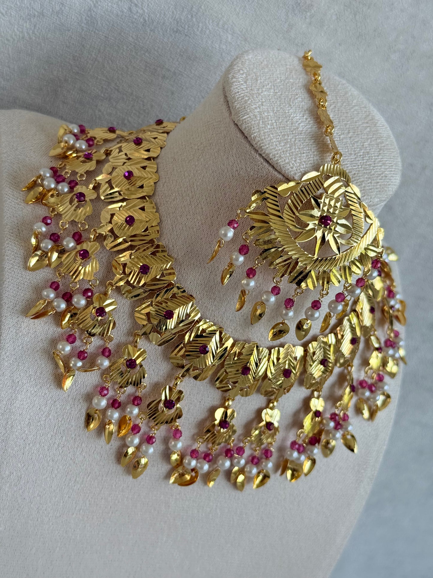 Ayura Designs Baisakhi Set with Earrings & Tikka – Gold Pipal Patti Design with Ruby Pink Beads & Pearl Detailing