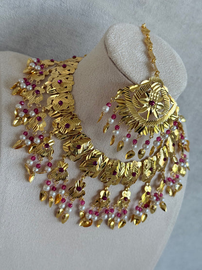 Ayura Designs Baisakhi Set with Earrings & Tikka – Gold Pipal Patti Design with Ruby Pink Beads & Pearl Detailing