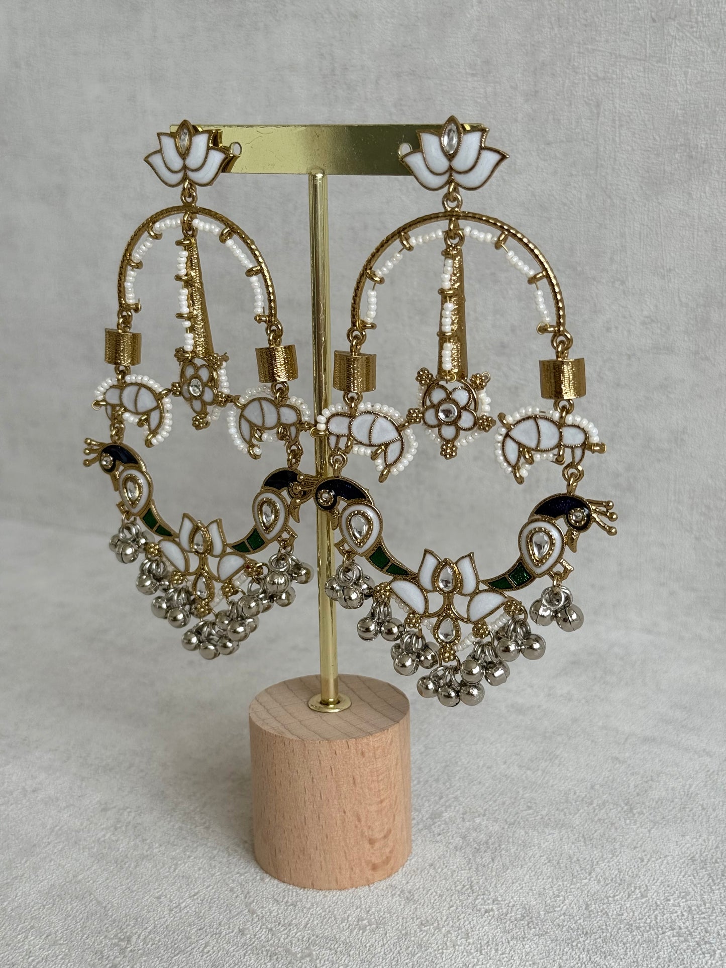Ayura Designs Zoonpari Earrings – Ivory Pearl, Blue & Green Meenakari Peacock Chandeliers in Dual Tone with Ghungroos
