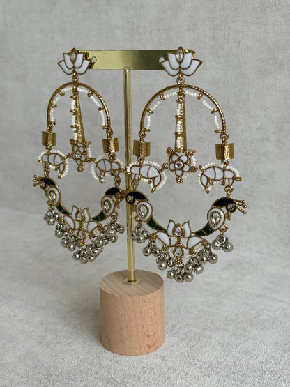 Ayura Designs Zoonpari Earrings – Ivory Pearl, Blue & Green Meenakari Peacock Chandeliers in Dual Tone with Ghungroos