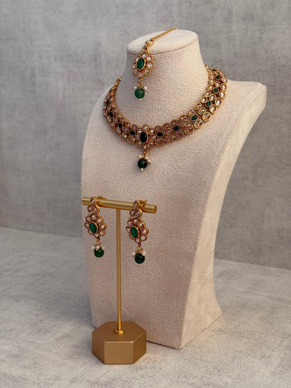Ayura Designs Biju Set with Necklace, Earrings & Tikka – Emerald Green & Ivory Pearls, Mirror-Cut Stones, Antique Gold Finish