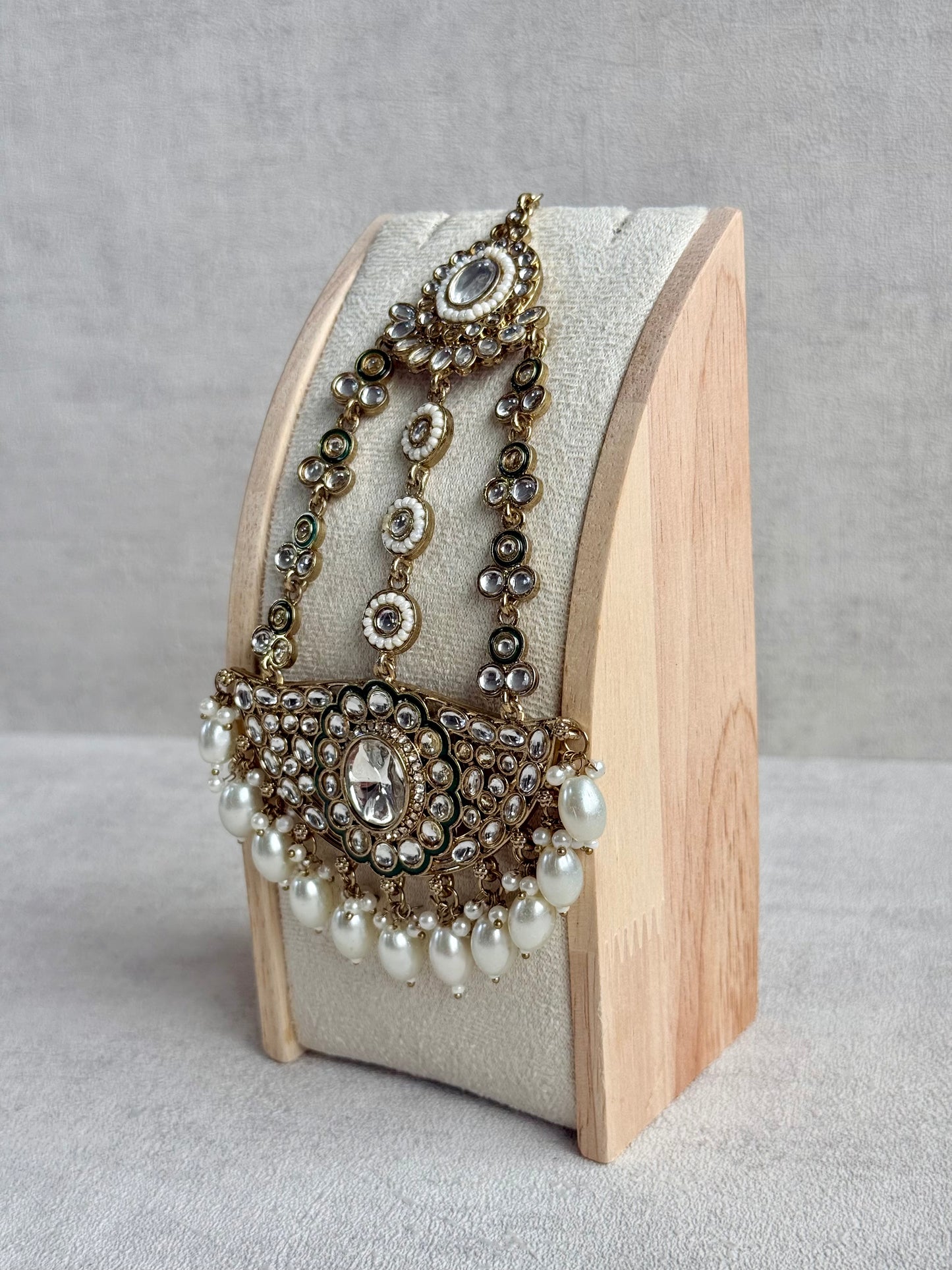 Ayura Designs Uma Jhoomar Passa – Kundan Jhoomar with Ivory Pearl Drops & Green Enamel Detailing