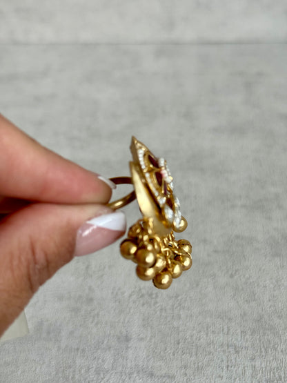Ayura Designs Sochi Ring – Adjustable Antique Gold Ring with Hot Pink Meenakari, Mirror-Cut Stones & Ghungroo Detailing