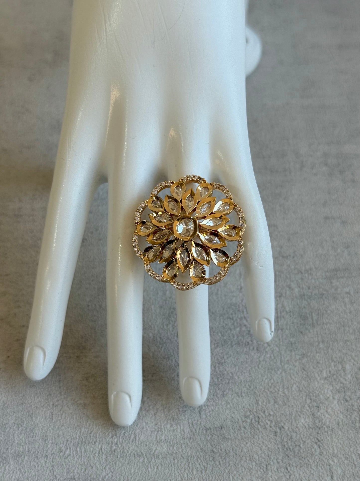 Ayura Designs Elisa Adjustable Ring – Moissanite Floral Ring with Clear Crystal Centre & Crystal Border