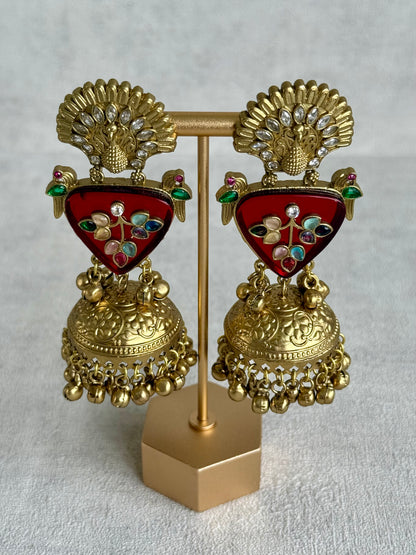 Ayura Designs Makali Earrings – Crimson Red Enamel with Multicolour Stones & Antique Gold Jhumkis
