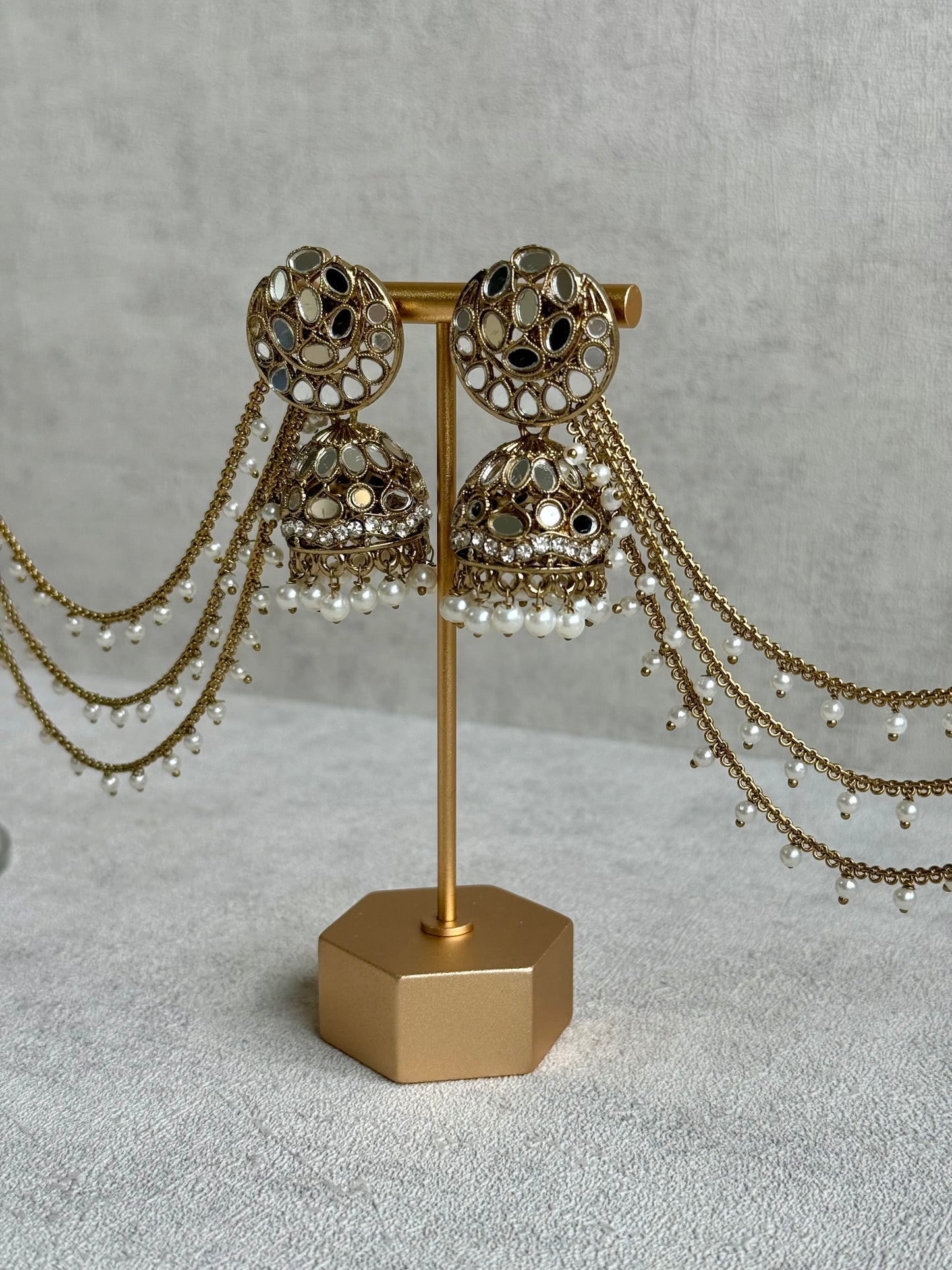 Ayura Designs Aaina Jhumkis – Antique Gold Mirror-Cut Dome Earrings with Detachable Pearl Sahare