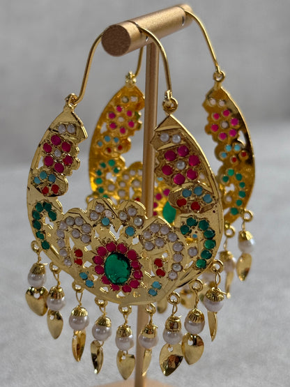 Ayura Designs Nimrat Balis – Emerald Green & Multicolour Stones, Ivory Pearl Beads & Pippal Patti, Gold Finish