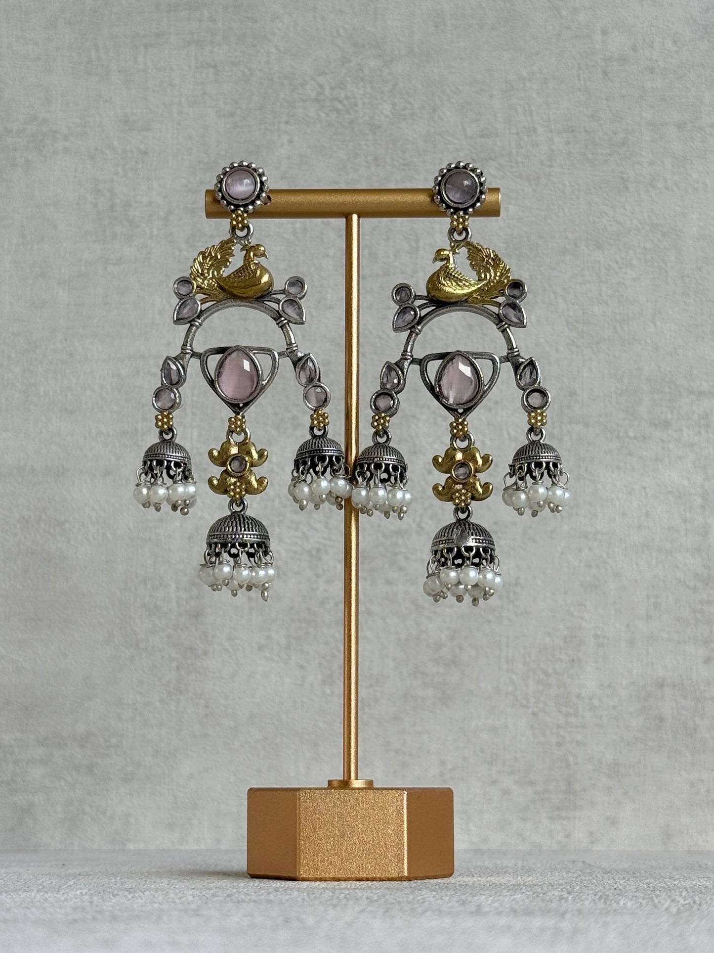 Ayura Designs Mehrza Earrings – Oxidised Peacock Motif Statement Earrings with Pearl Jhumkis & Blush Pink Stones