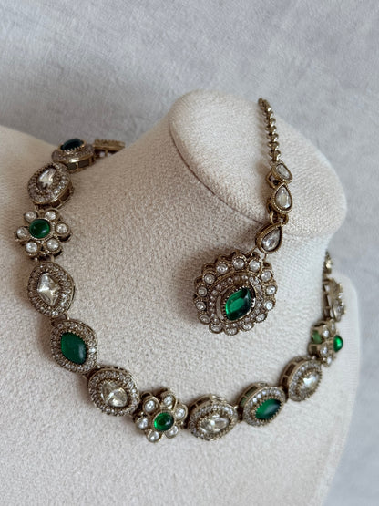 Ayura Designs Ivy Necklace Set with Studs & Tikka – Emerald Green Kundan Detailing