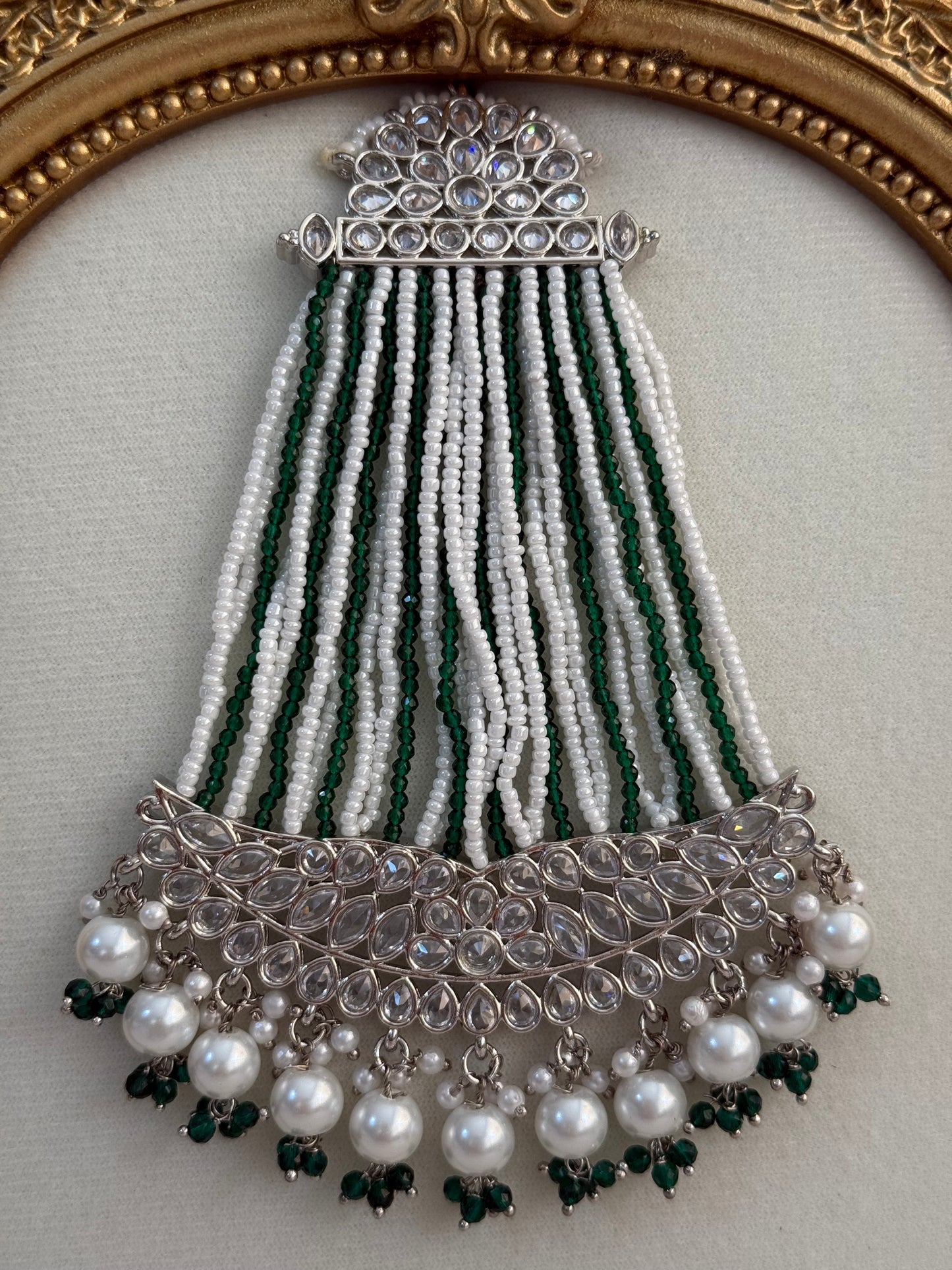 Ayura Designs Ash Jhoomar Passa – Emerald Green Beads with Mirror Cut Stones & Silver Finish