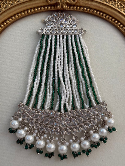 Ayura Designs Ash Jhoomar Passa – Emerald Green Beads with Mirror Cut Stones & Silver Finish
