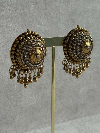 Ayura Designs Mitwa Earrings – Antique Gold Studs with Crystal Stones & Ghungroo Fringe