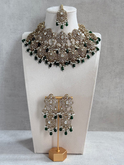 Ayura Designs Fazal Set with Necklace, Earrings & Tikka – Emerald Green Drops, Pearl Detailing & Moissanite Stonework