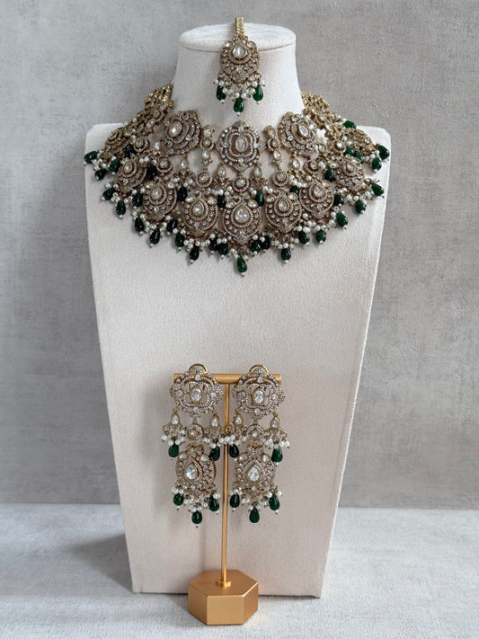 Ayura Designs Fazal Set with Necklace, Earrings & Tikka – Emerald Green Drops, Pearl Detailing & Moissanite Stonework