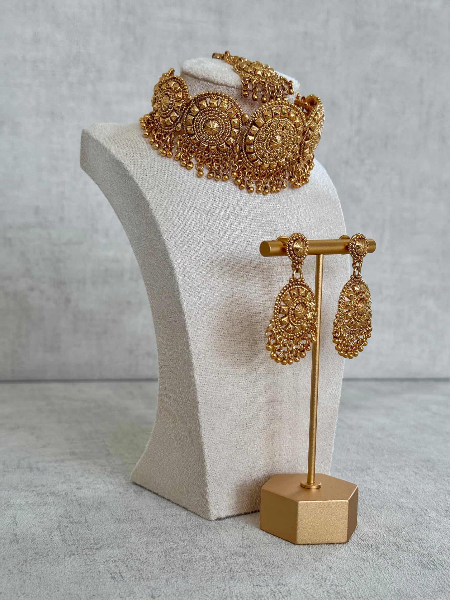 Ayura Designs Nawab Choker Set – Exquisite Antique Gold Choker, Earrings & Tikka