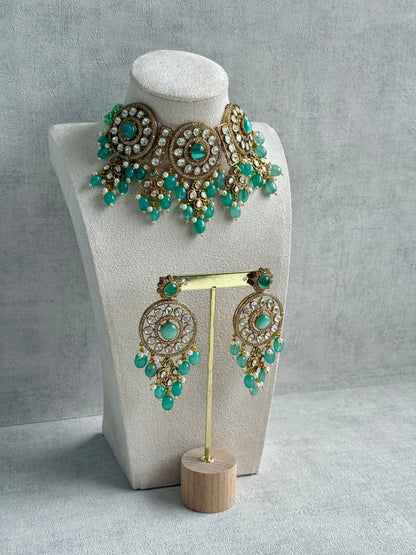 Ayura Designs Harper Set – Antique Gold Choker & Earrings with Mint Green Beads, Kundan Stones & Pearl Detailing