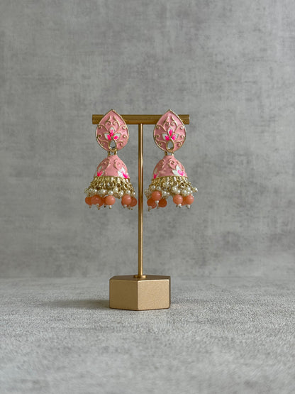 Ayura Designs Gia Jhumkis – Blush Pink Meenakari with Pink Lotus Motifs & Ivory Pearl Drops