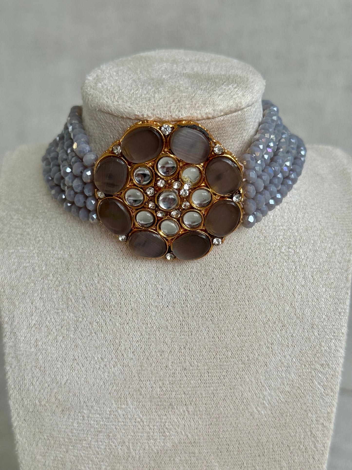Ayura Designs Yasmin Kundan Choker Set with Studs – Dove Grey Beads & Mirror-Cut Stones