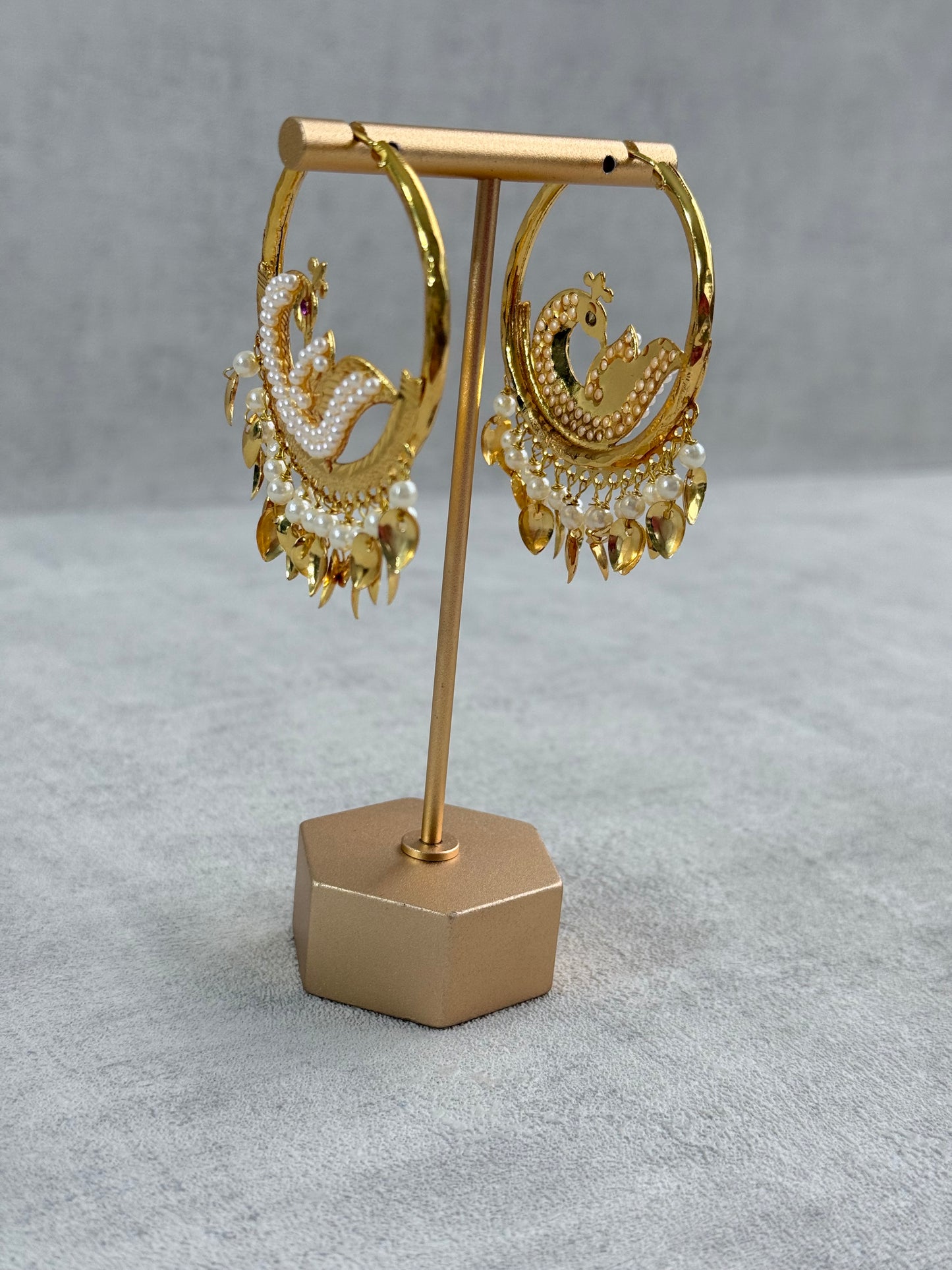 Ayura Designs Hansi Balis – Peacock Design with Pearl & Pippal Patti Detailing in Gold Finish