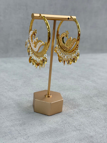 Ayura Designs Hansi Balis – Peacock Design with Pearl & Pippal Patti Detailing in Gold Finish