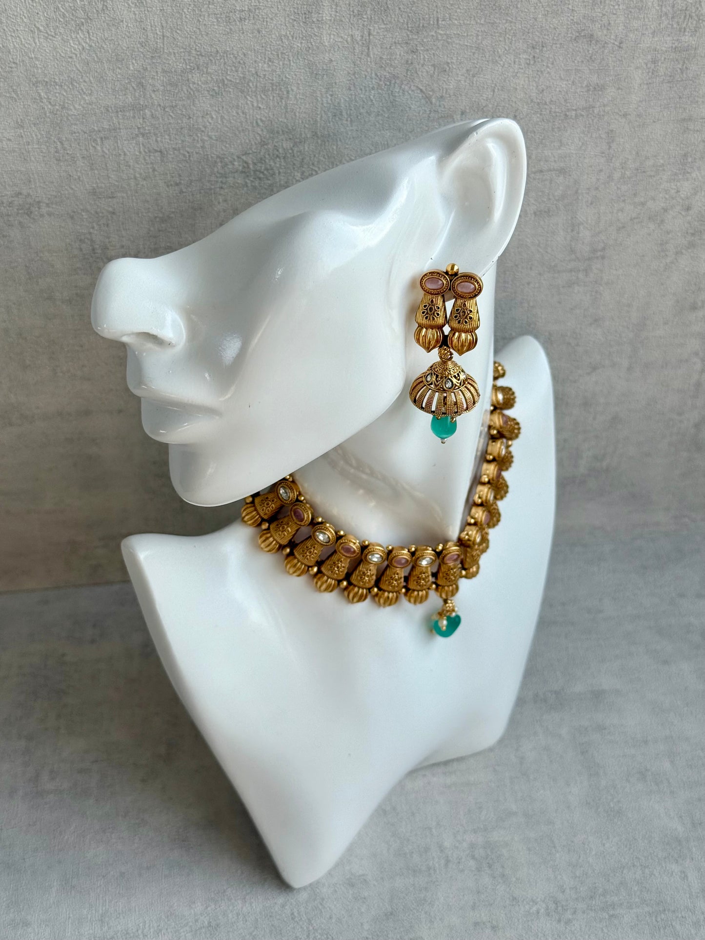 Ayura Designs Aima Necklace Set with Earrings – Antique Gold with Blush Pink & Aqua Green Stones