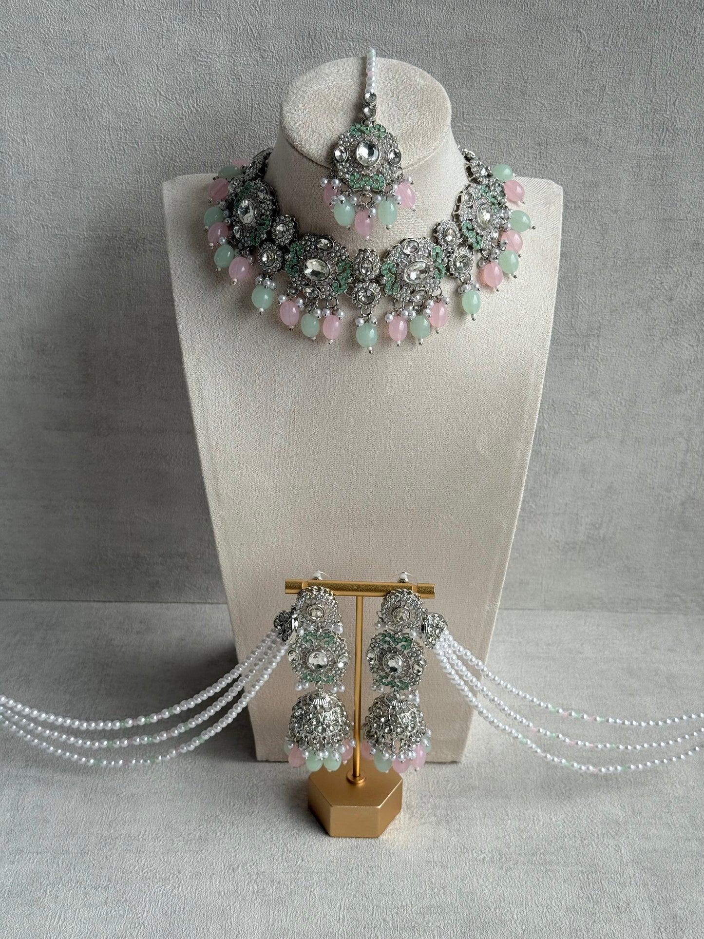 Ayura Designs Uzairah Set with Tikka & Sahare Jhumkis – Pastel Mint & Blush Beads with Pearl Strands & Mirror-Cut Detailing