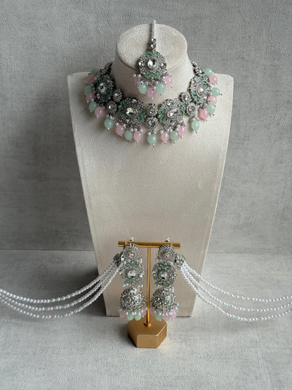 Ayura Designs Uzairah Set with Tikka & Sahare Jhumkis – Pastel Mint & Blush Beads with Pearl Strands & Mirror-Cut Detailing