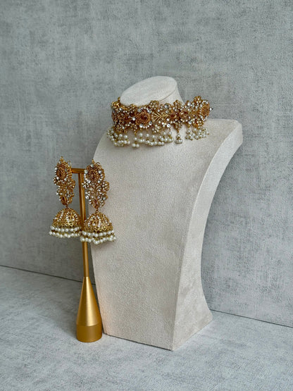 Ayura Designs Afsana Choker Set with Jhumkis – Mirror-Cut Polki, Ivory Pearls & Antique Gold Finish