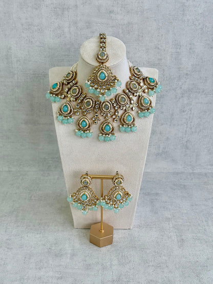 Ayura Designs Janvi Set with Necklace, Earrings & Tikka – Kundan Detailing, Aqua Blue Beads & Ivory Pearl Drops