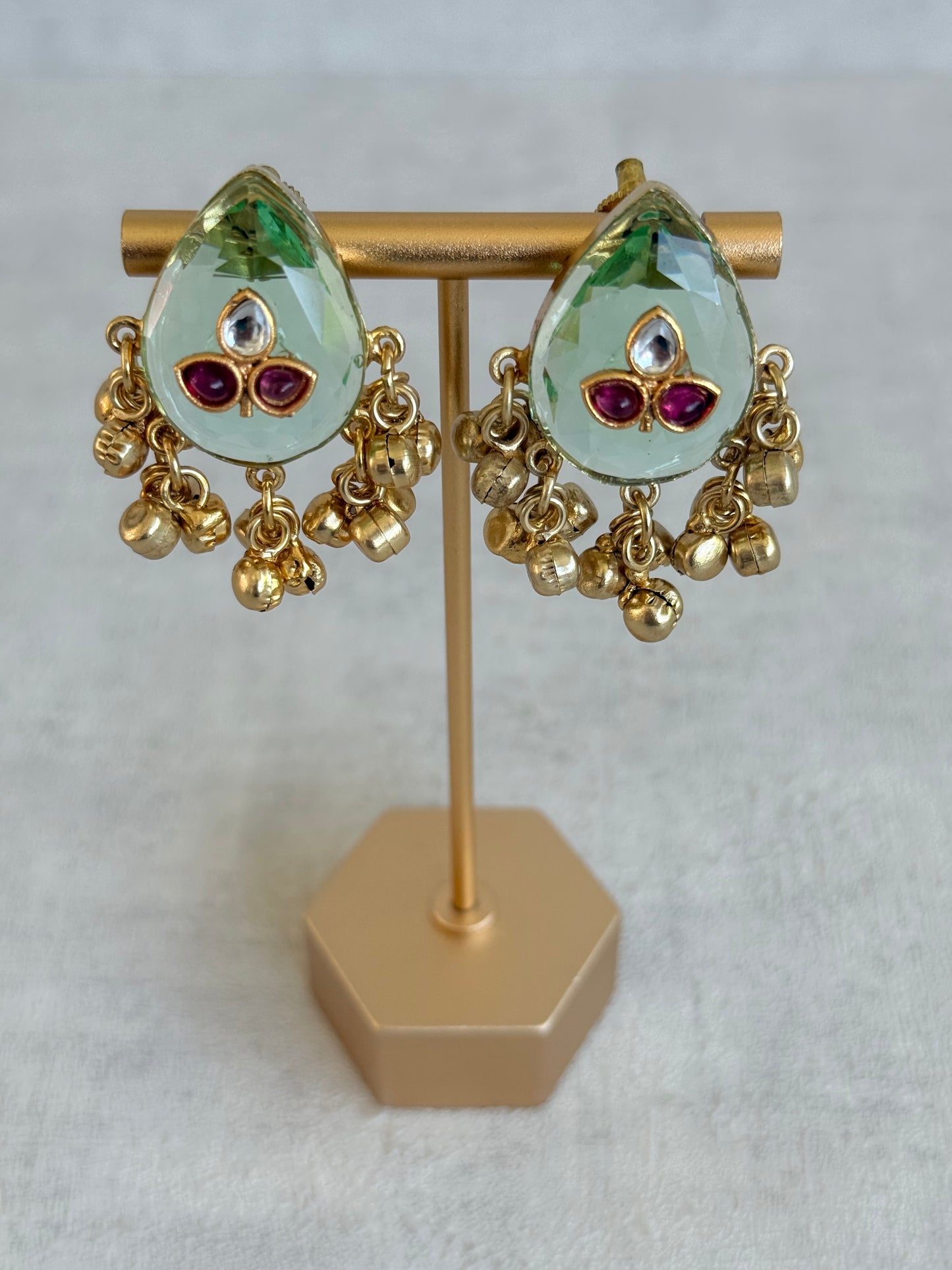 Ayura Designs Aykai Earrings – Pistachio Teardrop Stud Earrings with Clear Kundan Stones and Gold Ghungroo Drops