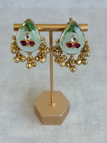 Ayura Designs Aykai Earrings – Pistachio Teardrop Stud Earrings with Clear Kundan Stones and Gold Ghungroo Drops