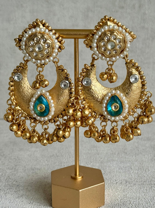 Ayura Designs Naaz Earrings – Antique Gold Jhumkas with Aqua Blue Teardrop Stone, Pearl Embellishments & Ghungroo Detailing