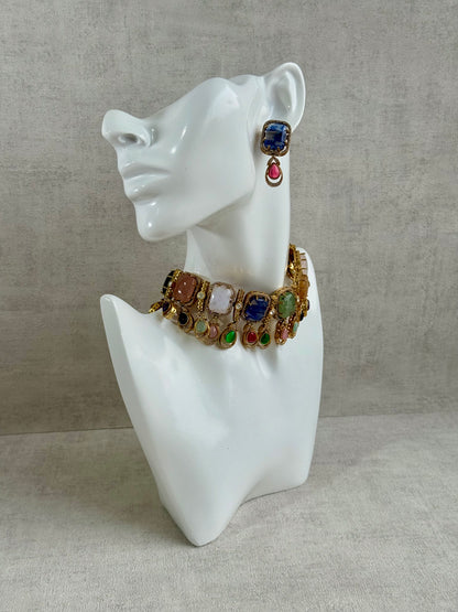 Ayura Designs Adelaide Necklace Set with Earrings – Multicolour Moissanite with Blue Stone Drop Earrings