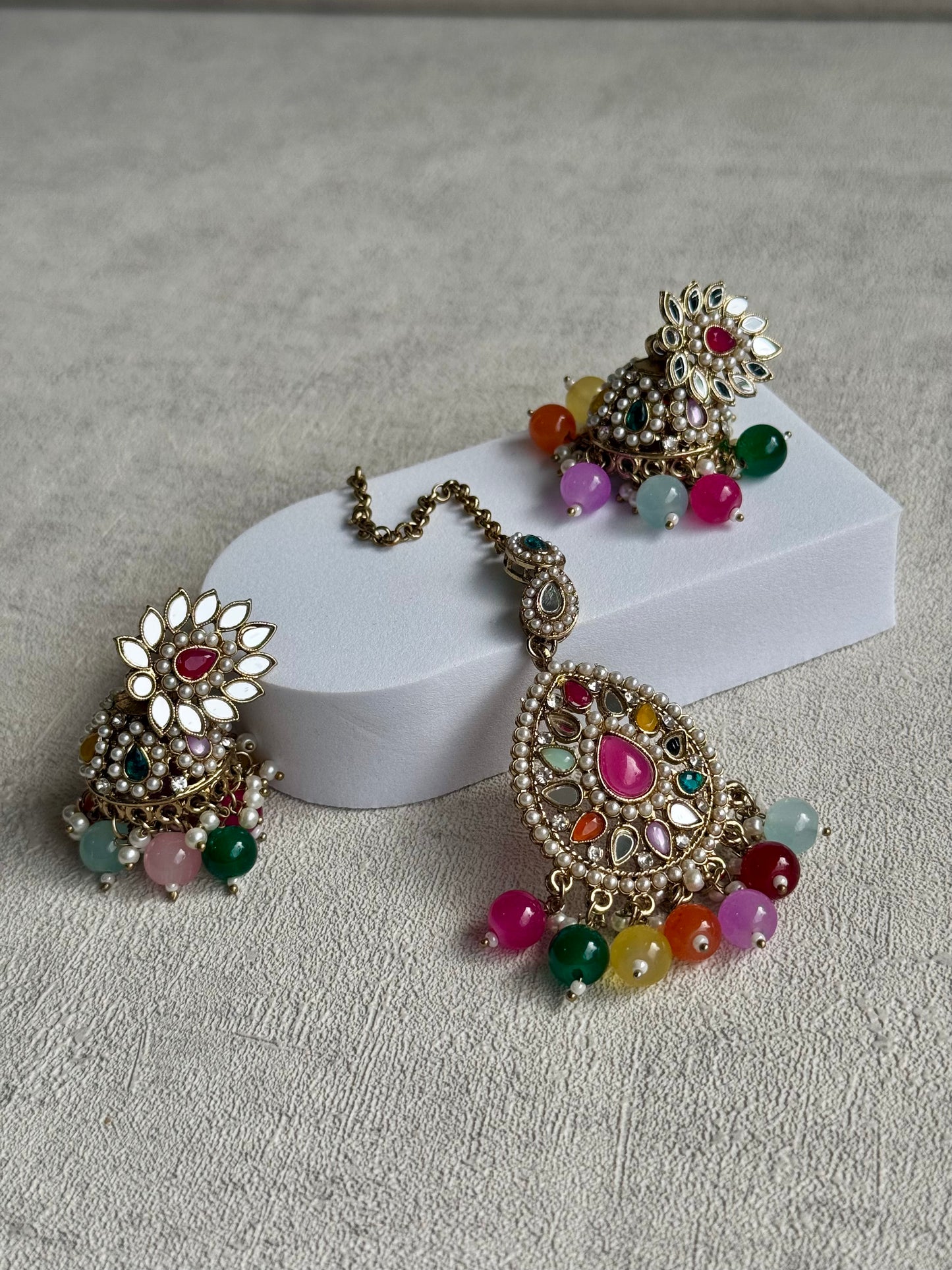 Ayura Designs Aanya Set – Multicolored Kundan Necklace with Mirror Work Jhumkis & Tikka