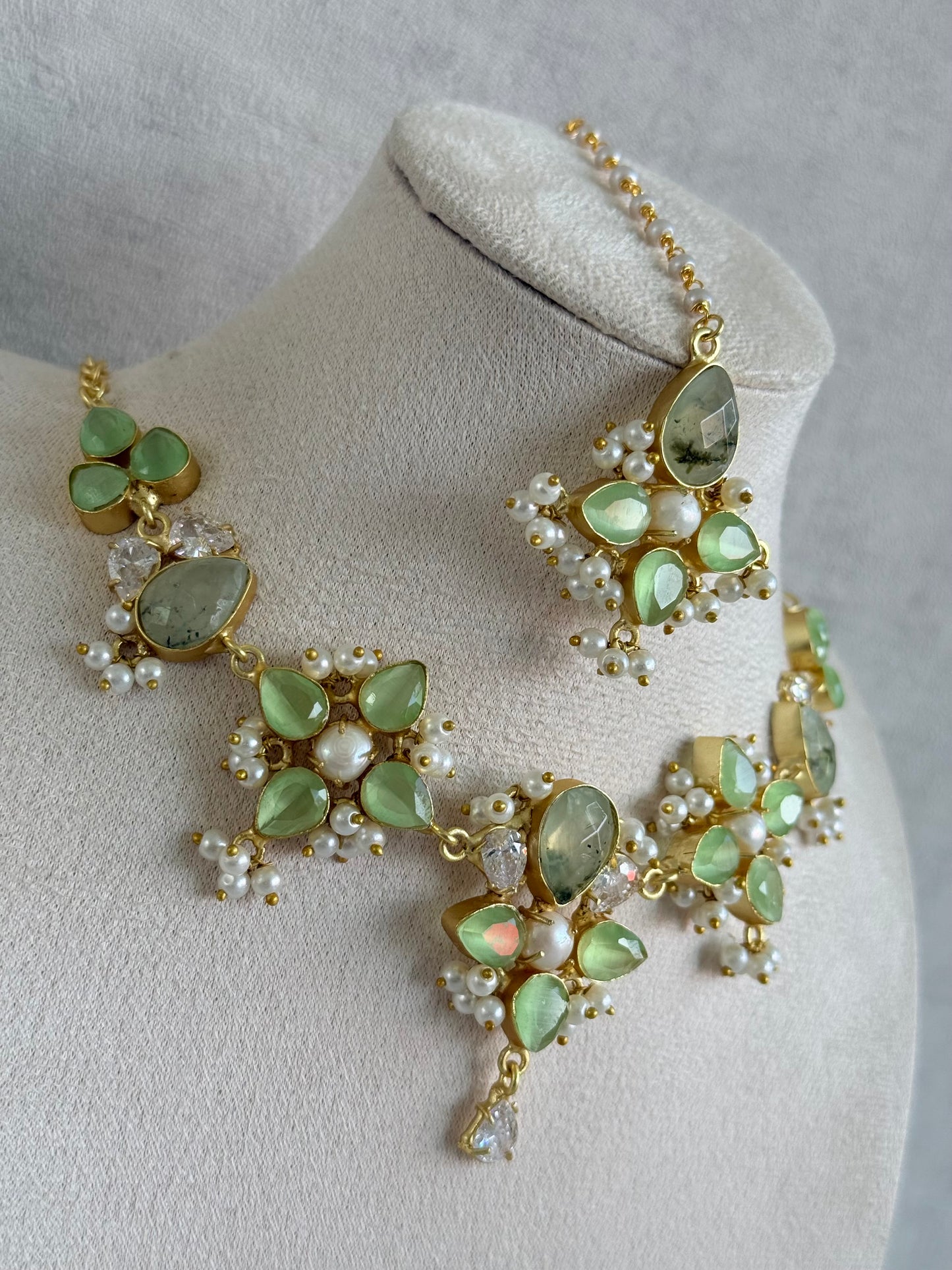 Ayura Designs Zaria Set with Tikka & Earrings – Prehnite with Pearls & Crystals