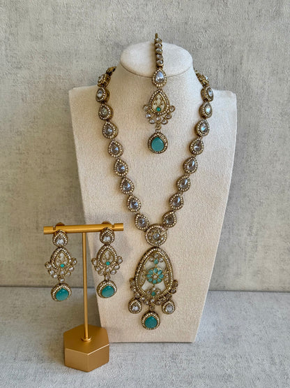 Ayura Designs Ayaani Long Necklace/Haar Set — Exquisite Turquoise and Gold Ensemble with Earrings & Tikka