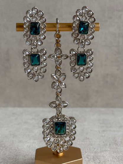 Ayura Designs Zinnia Set – Necklace, Earrings & Tikka with Teal Stones and Mirror-Cut Polki in Silver Finish