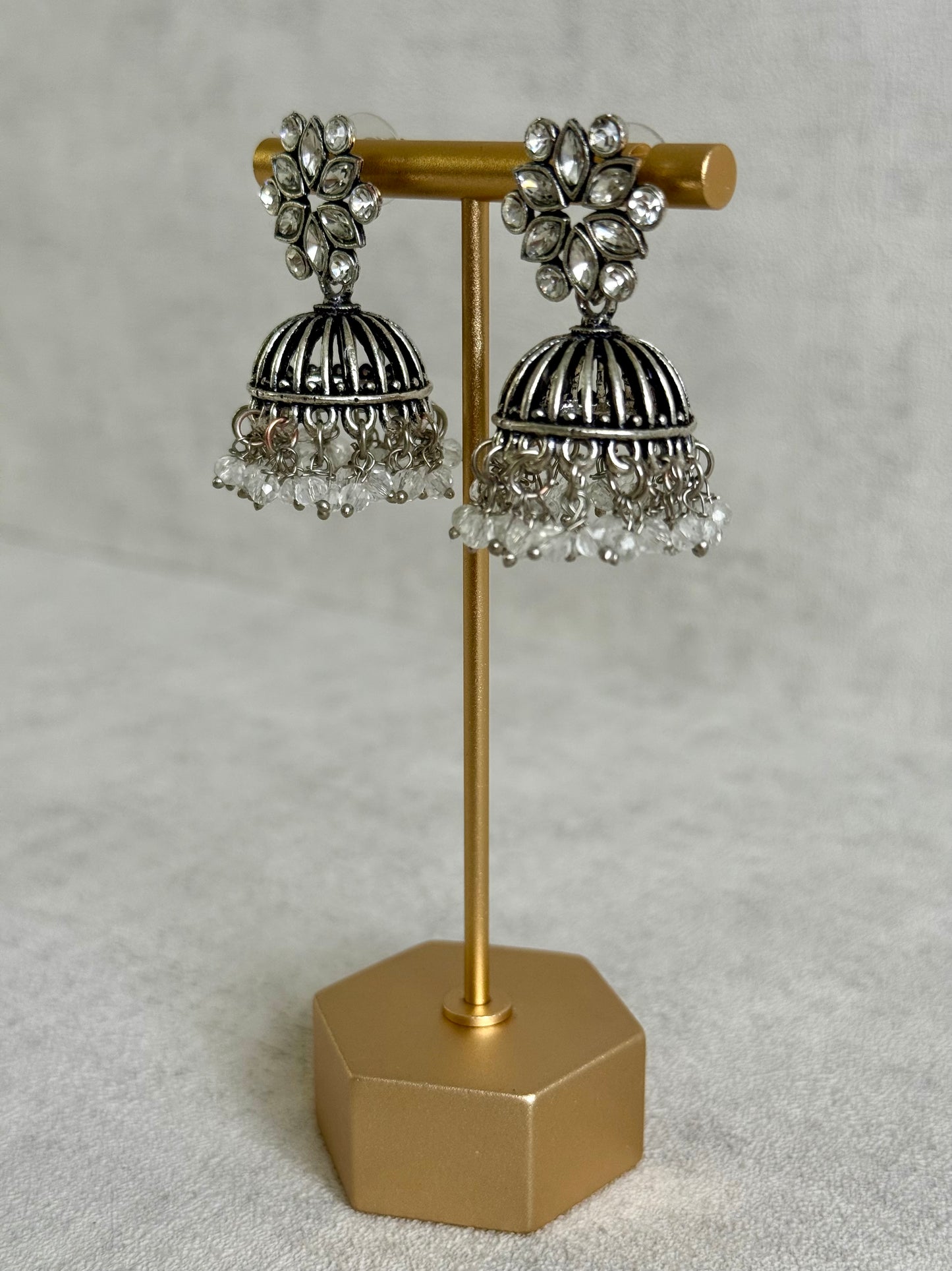 Ayura Designs Syra Jhumkis – Mirror-Cut Stone Tops, Crystal Drop Fringe & Oxidised Silver Finish