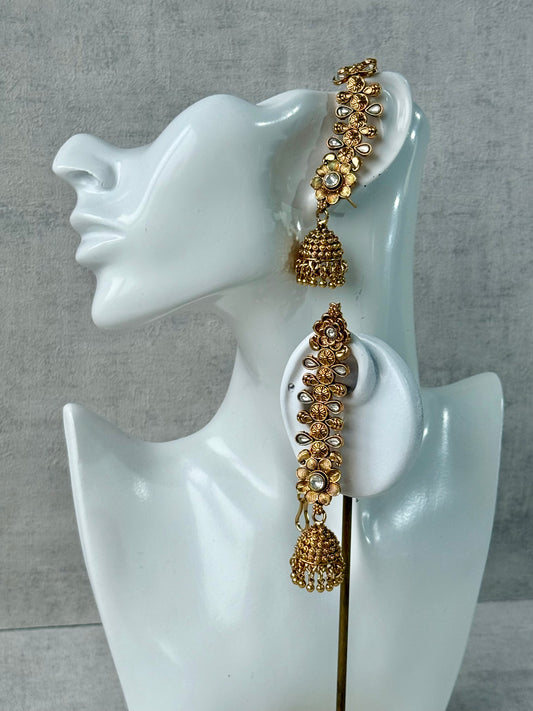 Ayura Designs Keerti Jhumkis – Antique Gold Kannauti Earrings with Mirror-Cut Detailing & Pearl Drops