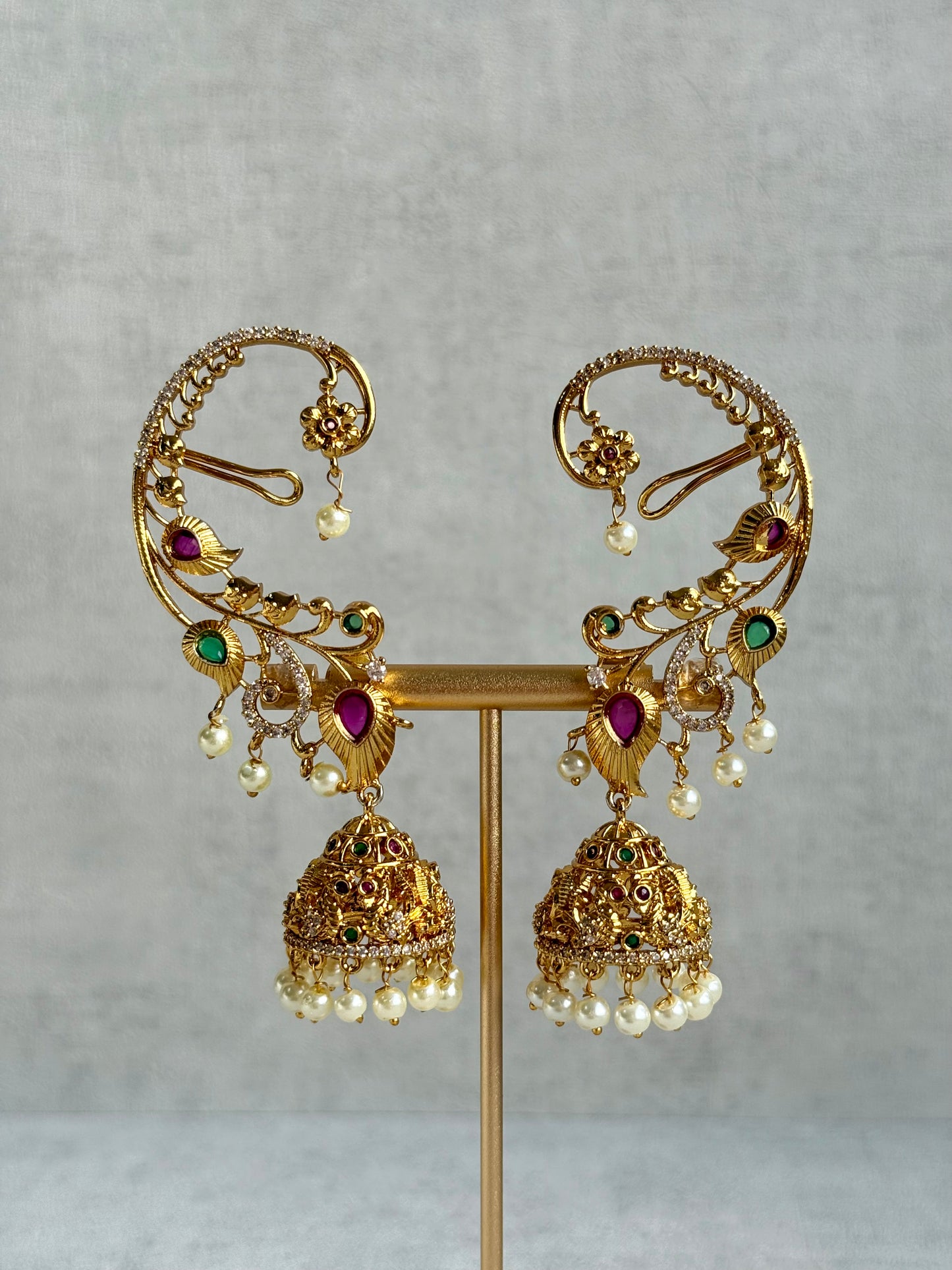 Ayura Designs Nalini Jhumkis – Gold Half Ear Cuffs with Multicolour Stone Accents, Crystal Detailing & Pearl Jhumka Drops