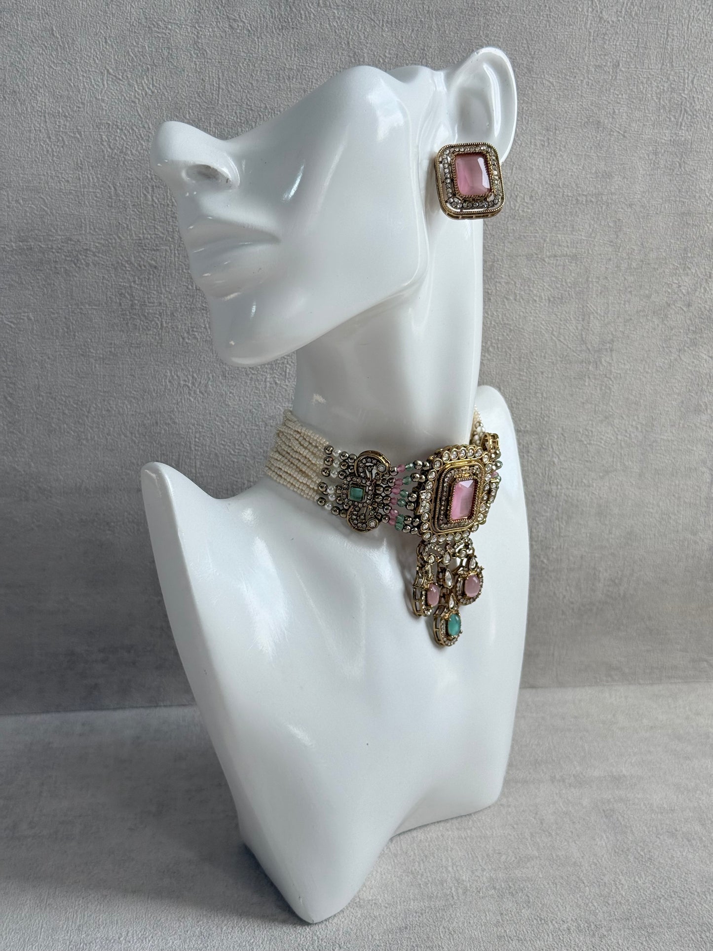 Ayura Designs Nabiha Choker Set with Studs – Blush Pink & Mint Green, Crystal Detailing & Gold Finish