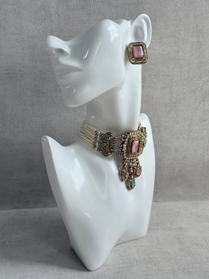 Ayura Designs Nabiha Choker Set with Studs – Blush Pink & Mint Green, Crystal Detailing & Gold Finish