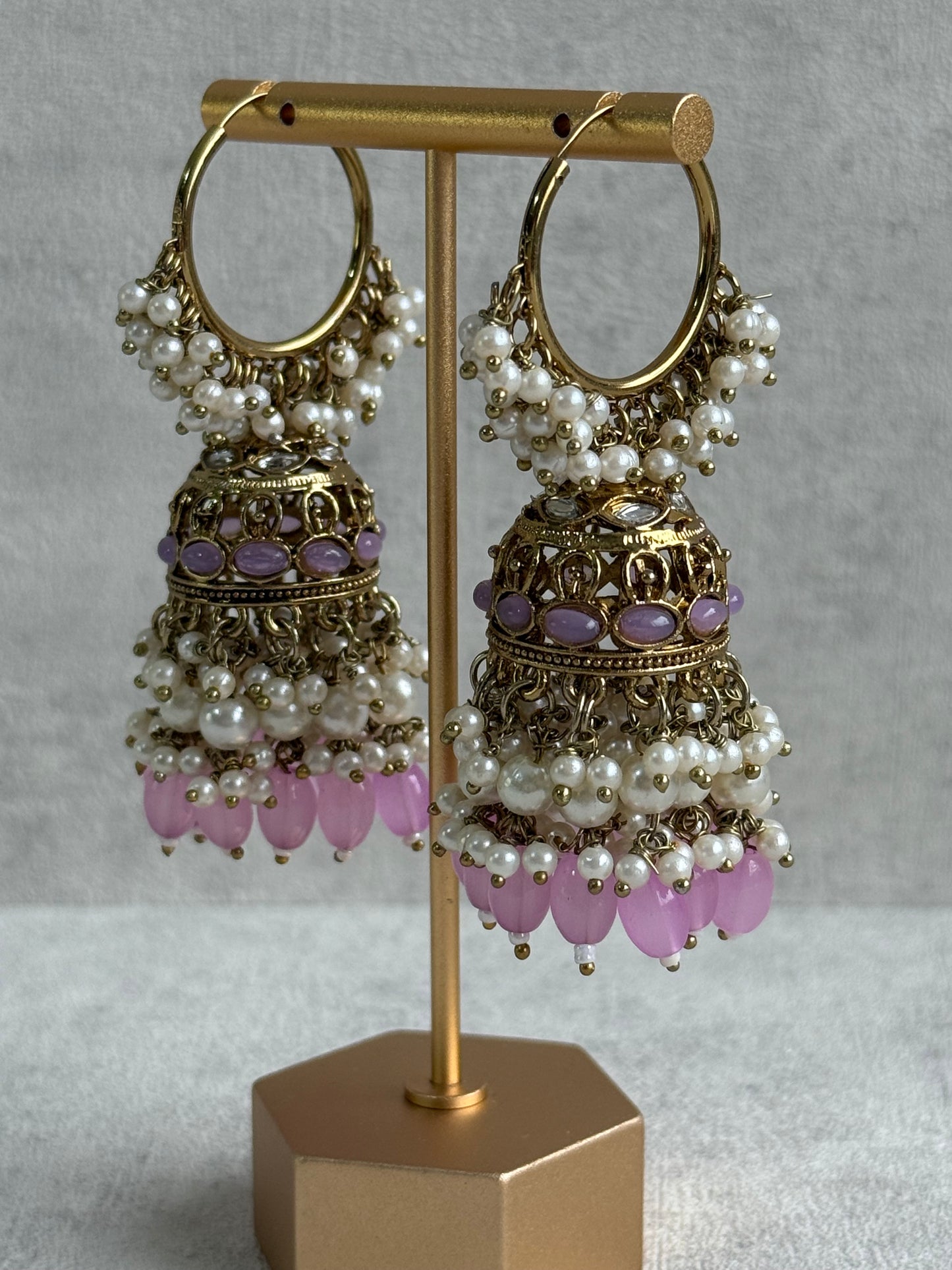 Ayura Designs Jugni Jhumkis – Antique Gold Balis with Lavender Beads & Pearl Clusters