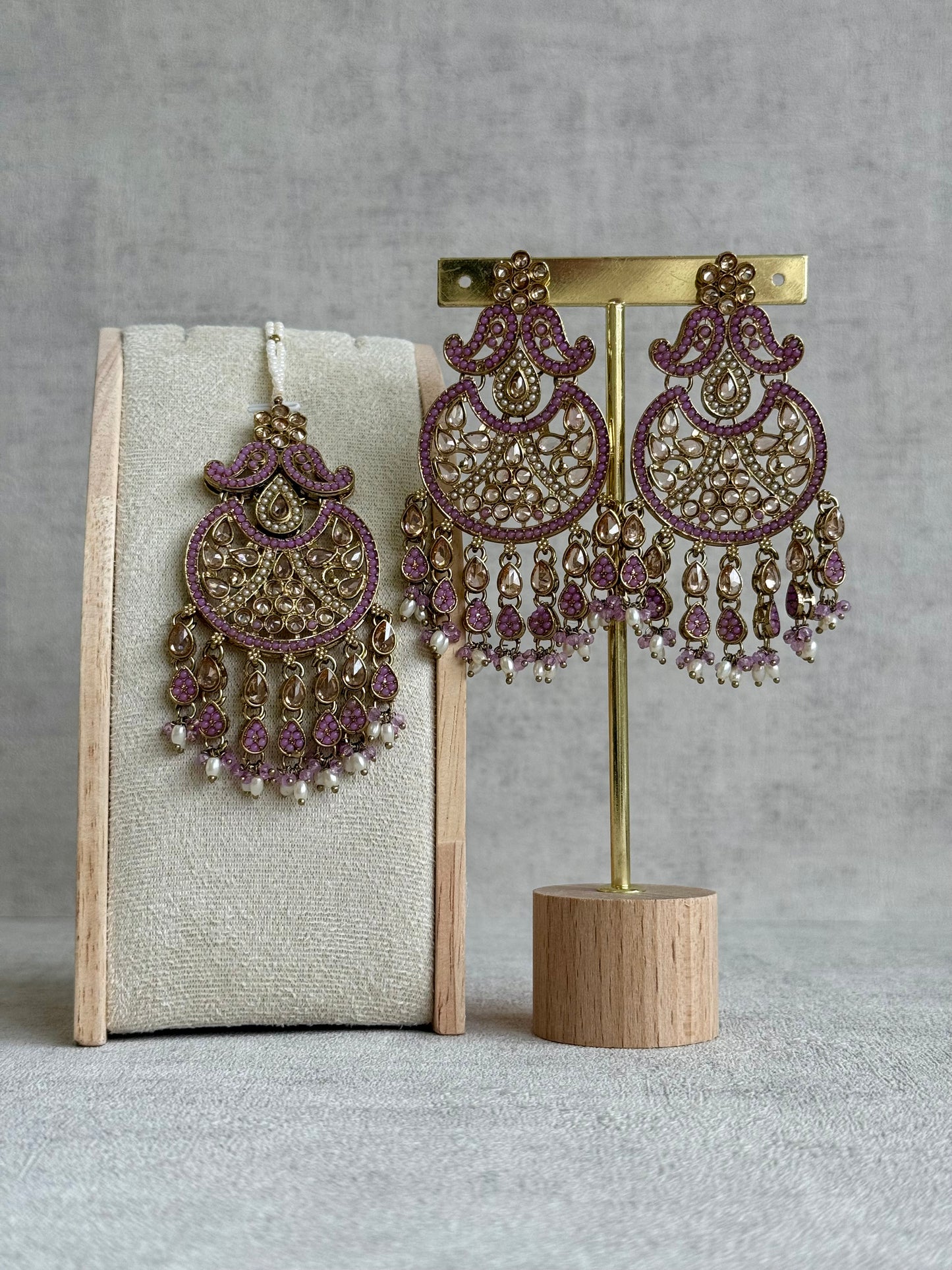 Ayura Designs Anvi Tikka Set with Earrings – Lilac with Champagne Stones & Pearl Drops