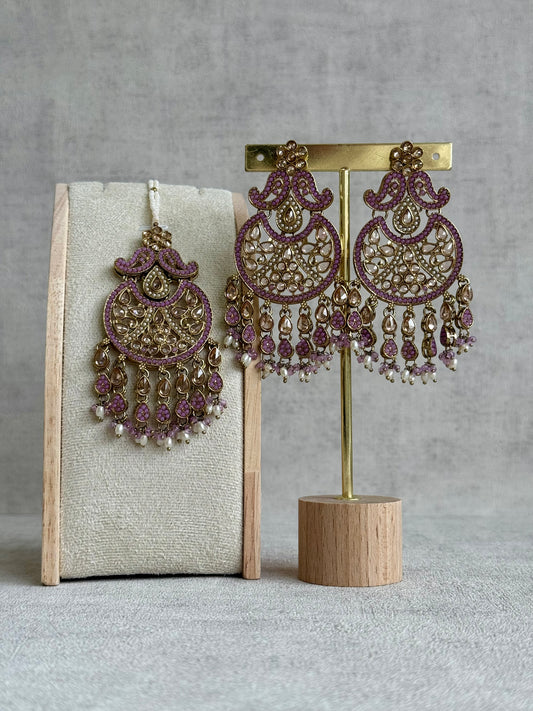 Ayura Designs Anvi Tikka Set with Earrings – Lilac with Champagne Stones & Pearl Drops